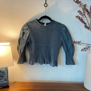 Zara Blue Smocked Ruffled 3/4 Sleeve Blouse